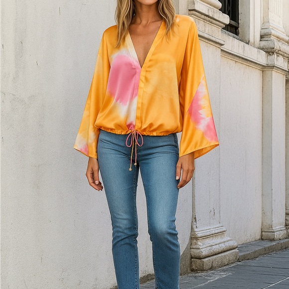 Ramona LaRue Multicolor Satin Blouse Kimono Sleeve Drawstring Excellent Size M/L - Picture 8 of 9